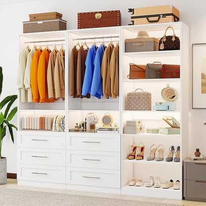 Closet System with 3 Sets, 6FT Closet Organizer Systems with 6 Wooden Drawers 8 Shelves & 4 Hanging Rods, Walk in Closet freestanding Corner Modular Closet Storage System White (6FT)