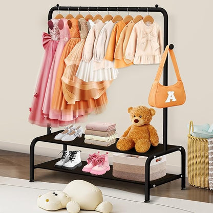 Kids Clothing Rack - Small Garment Rack - Small Kids Costume Wardrobe Rack with 2 Fabric Floors Storage Shelf - Mini Short Baby Toddler Clothes Rack