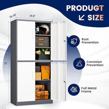 Yizosh Metal Storage Locking Cabinet with 4 Doors and 2 Adjustable Shelves,71" Lockable Garage Tall Steel Cabinet,for Home Office,Living Room,Pantry,Gym,Commercial Storage (Gray White)