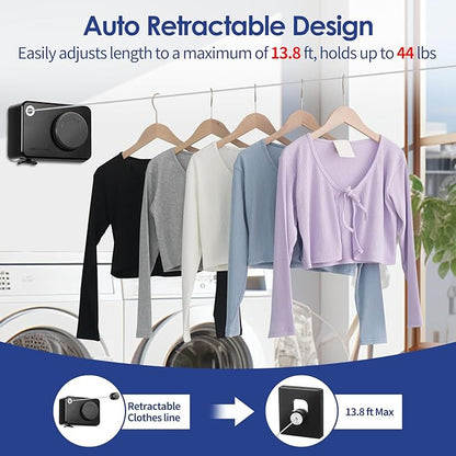 Retractable Clothesline Indoor, Non-Sagging Clothes Line Retracting Outdoors,13.8Ft Heavy Duty Clothes Drying Laundry Line, Wall Mounted Clothesline with 5pcs Hooks (RectangleBlack)