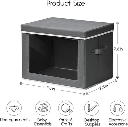 Storage Bins with Lids - Small Fabric Organizers with Window, Collapsible Storage Bins for Clothes, Decorative Closet Organizers for Towels, Tshirt, 4 Pack, Dark Grey