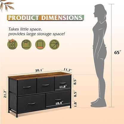 WLIVE Dresser for Bedroom with 5 Drawers, Wide Chest of Drawers, Fabric Dresser, Storage Organizer Unit with Fabric Bins for Closet, Living Room, Hallway, Black and Rustic Brown