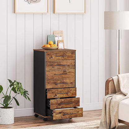 HOOBRO 7-Drawer File Cabinet, Wooden Office Cabinet with Drawers, Mobile Storage Filing Drawer for Home Office, Study, Easy Assembly, Rustic Brown and Black BF07WJ01