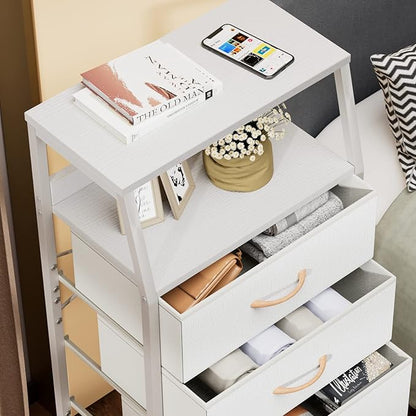 Furnulem Tall 4 Drawers Dresser, Vertical Storage Tower for Bedroom, Hallway, Entryway, Nursery, Closet Organizer, Nightstand Bedside Table Furniture, Sturdy Steel Frame, Wood Top, White