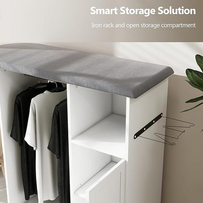 Rolling Ironing Board with Storage, Ironing Cart with Iron Holder and Coat Hanger, Multipurpose Ironing Cabinet with Wheels, Suitable for Laundry Room, Bedroom, Coat and hat, White
