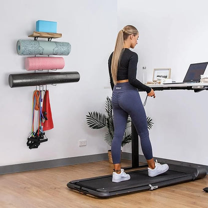 VINAEMO Yoga Mat Holder Accessories Wall Mount Organizer Storage Decor Foam Roller and Towel Storage Rack with 4 Hooks and Wooden Shelves Yoga Mats Rack Resistance Bands for Home Gym School Office