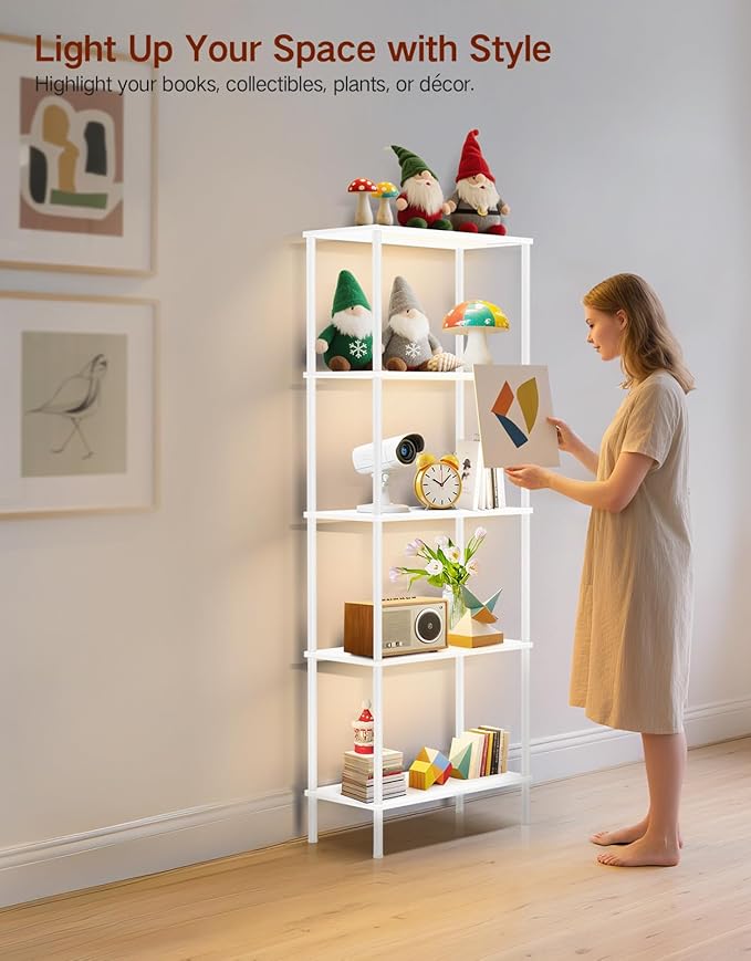5 Tier Bookshelf with LED Light, Dimmable Bookcase with Touch & Remote Control, 3 Color Temperatures, Tall Modern Display Standing Shelf for Living Room, Bedroom, Home Office (White)