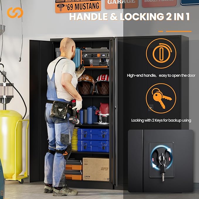 Metal Garage Storage Cabinets with Lock, 72" Tall Tool Cabinet with 2 Door and 4 Adjustable Shelves, Locking Garage Cabinets and Lockable Steel Locker for Home Office Warehouse - (Black-72”H)
