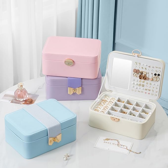 Lolalet 2 Layer Jewelry Box for Teen Girls & Young Women, Jewelry Organizer Case with Bow Clasp and Mirror for Earrings Rings Necklaces Storage, Gift Idea -Blue