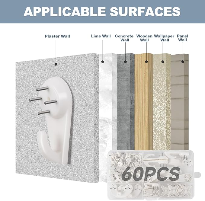 60 PCS Picture Hangers Hanging Kit, Heavy Duty Hooks for Stucco/Concrete/Hard Walls Without Drilling, Invisible Nail&25 LBS Weight Load