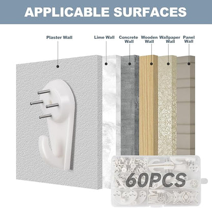 60 PCS Picture Hangers Hanging Kit, Heavy Duty Hooks for Stucco/Concrete/Hard Walls Without Drilling, Invisible Nail&25 LBS Weight Load