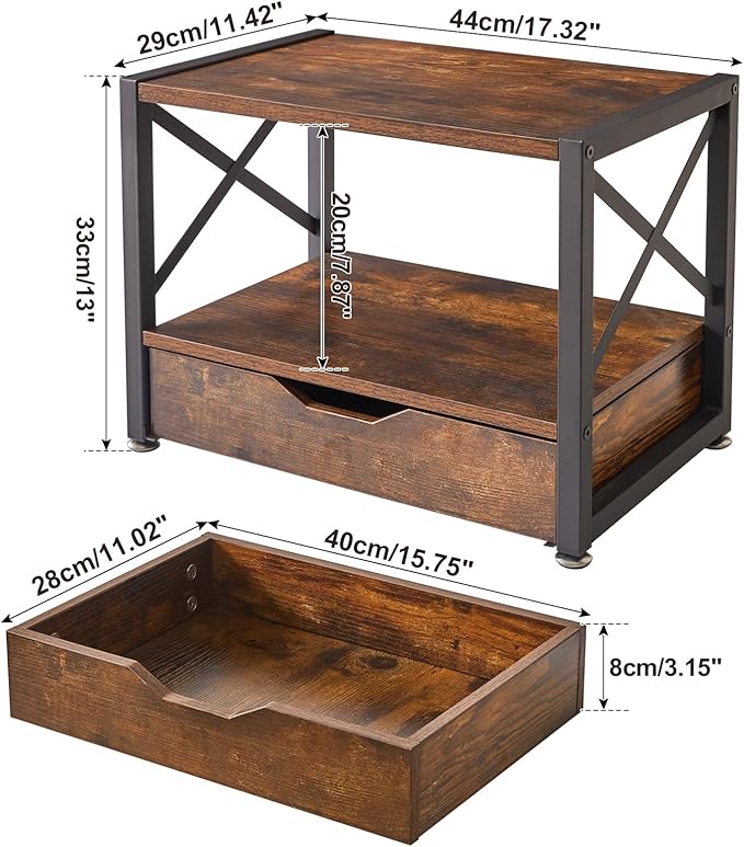 IBUYKE 2 Tier Desktop Printer Stand,Multi-Purpose Desk Organizer,Wooden Printer Stand with Drawer Storage for Folders,Books,for Fax Machine, Scanner,Home Office,Rustic Brown UTLJ006H