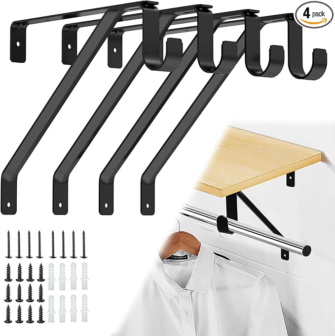 Pisman 10 Inch Heavy Duty Closet Rod Bracket Adjustable 4-Pack, Closet Rod Support with Shelf Bracket and Rod Holders - Black Steel Clothes Hanger for Bedroom, Laundry Room Storage