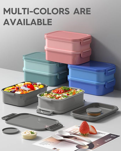 Adults Bento Lunch Box Set with Thermo Bag, 74oz Stackable Leak-proof 3-tiers Bento Box, Built-in Utensil and Sauce Container for Work, School, Dining Out (Gray)