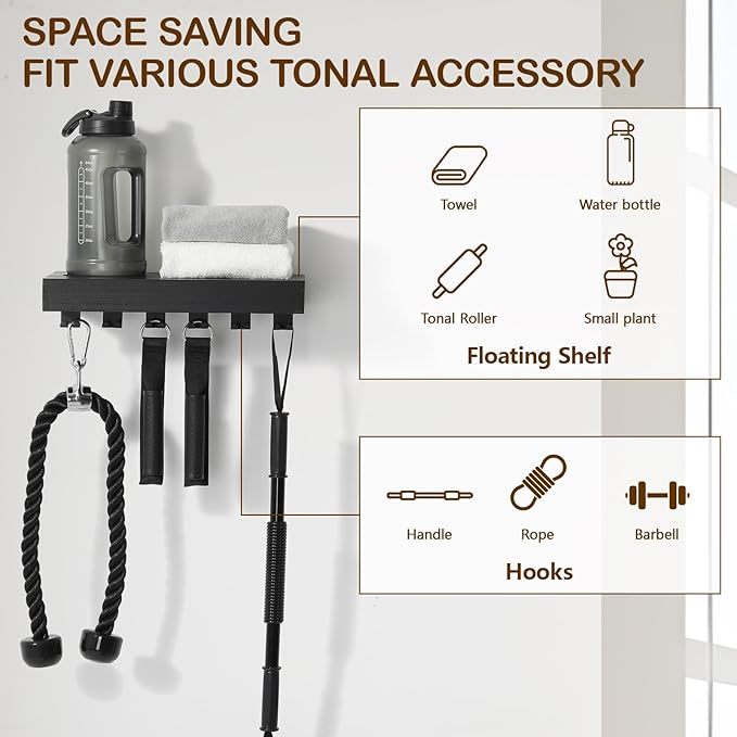 Tonal Accessory Shelf, Wall Mount Floating Shelf Organizer Fits Various Home Gym Accessories, Heavy Duty Space Saving Tonal Storage Rack with 6 T-Locks Clips Hooks Adapters Hanger, Black