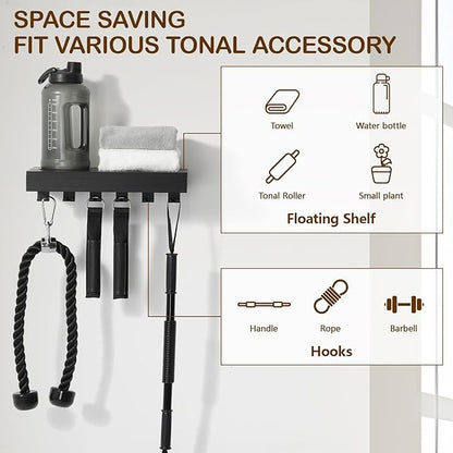 Tonal Accessory Shelf, Wall Mount Floating Shelf Organizer Fits Various Home Gym Accessories, Heavy Duty Space Saving Tonal Storage Rack with 6 T-Locks Clips Hooks Adapters Hanger, Black