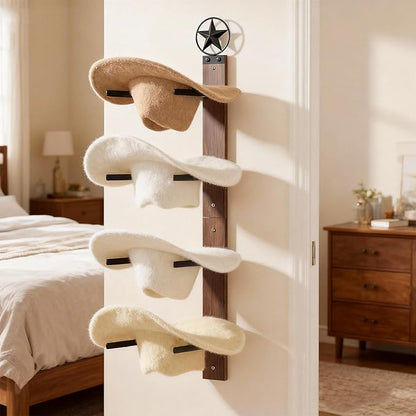 Cowboy Hat Rack for Wall – 2-Piece Western Hat Holder, Rustic Wooden & Metal Wall Mounted Cowboy Hat Organizer, Holds up to 4 Hats, Cowboy Room Decor & Storage Display Rack