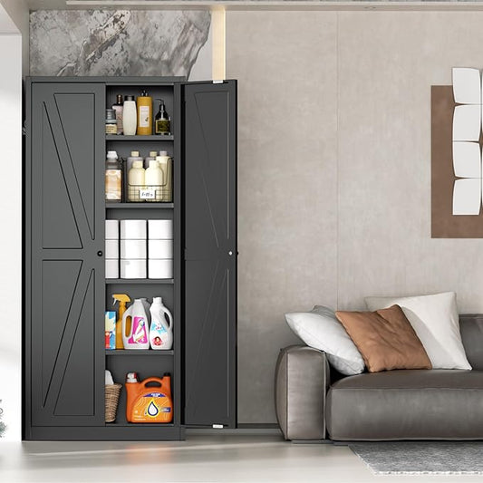 INTERGRAET 63" H Pantry Cabinet, Metal Kitchen Pantry Cabinets with 2 Doors and 4 Shelves, Farmhouse Food Storage Cabinets, Large Pantry Cabinets for Home,Kitchen,Living Room/Dining