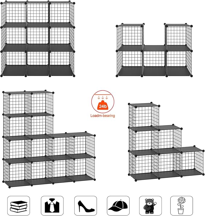 HUBSON Wire Cube Storage Organizer, Book/Toy/Craft/Potted Plants and petCloset Organizers and Storage Shelves 20-Cube Freely Combinable Metal Grids Storage Shelf,Black Plus Iron