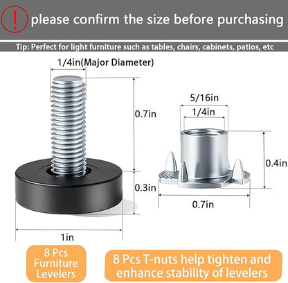 1/4" Thread Leveling Feet, 8 PCS Furniture Levelers with T-Nuts, Adjustable Furniture Feet Threaded Screw in, Table Levelers for Adjusting Individual Cabinet Feet
