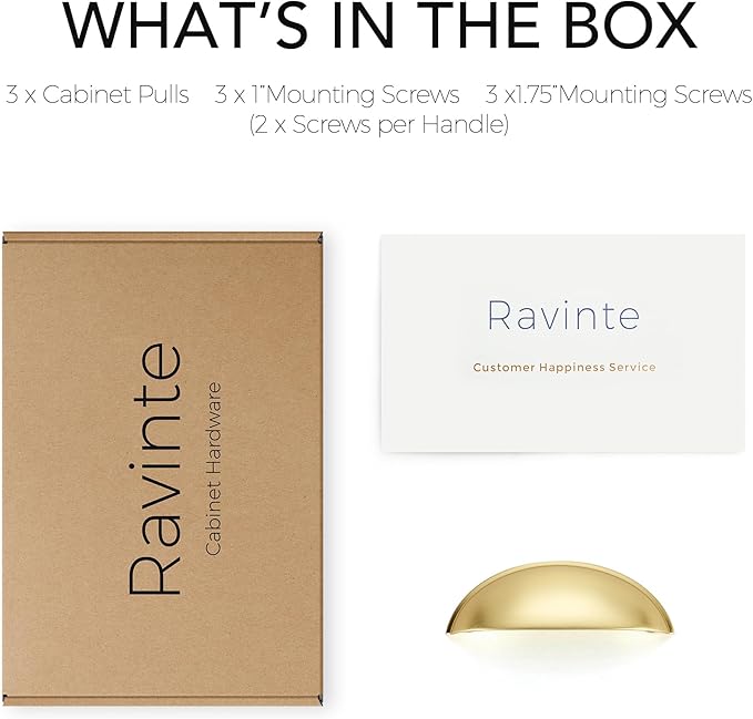 Ravinte 3 Pack 3" Drawer Pulls Brushed Brass Cabinet Cup Pulls Kitchen Hardware Cabinet Handles Drawer Handles Knobs 3 inch Hole Center