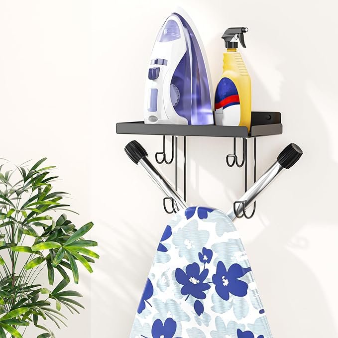 Ironing Board Hanger Wall Mount, Ironing Board Holder with Cord Storage Hooks, Iron Hanger for Wall, Irons Holder for T&V Shaped Iron Board Wall Mount, Irons Storage for Laundry Room