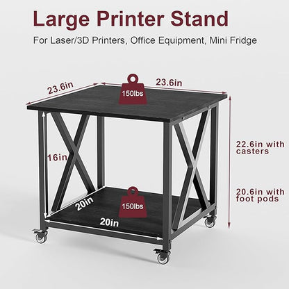 2 Tier Large Printer Stand, 23.6 x 23.6 Inches Printer Table with Storage Shelf, Rolling Printer Cart with Industrial Wheels for Home Office (Black)