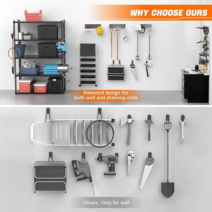 TORACK 24 PCS Garage Storage Hooks with Tracks, Wall Mount Tool Organizer for Garden Tools, Ladders, Cords, Folding Chairs, Shovels and Rakes, Shelving Hooks for Keyhole Style Shelving Units