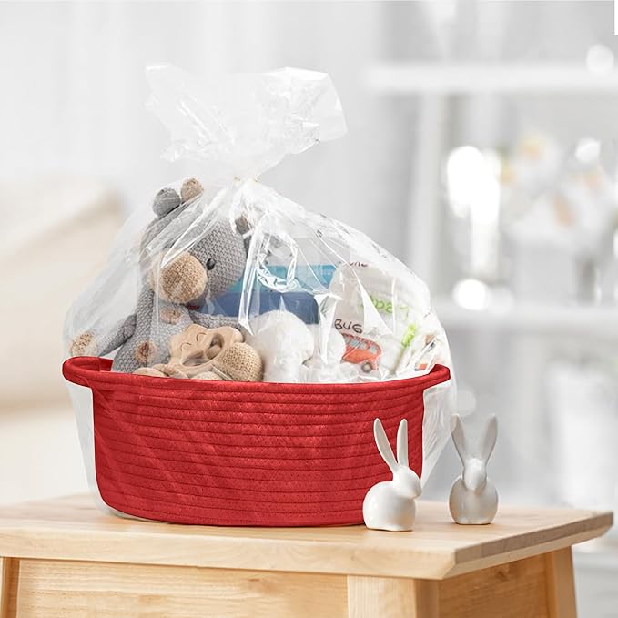 Small Woven Gift Basket, Baskets for Gifts Empty, Cotton Rope Cat Dog Toy Box, Nursery Baby Bin, Wicker Basket with Handles, Shelf Storage and Home Decor, Red, 12"x 8"x 5"