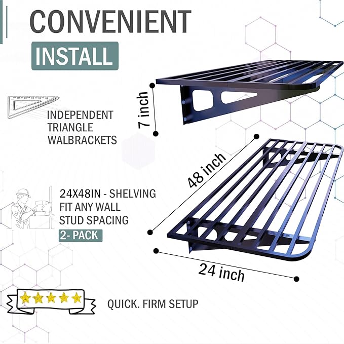 Garage Wall Shelving 2-Pack 2x4ft Garage Shelving（24-inch-by-48-inch） Wall Shelf Garage Storage Rack Floating Shelves, Space-Saving Black