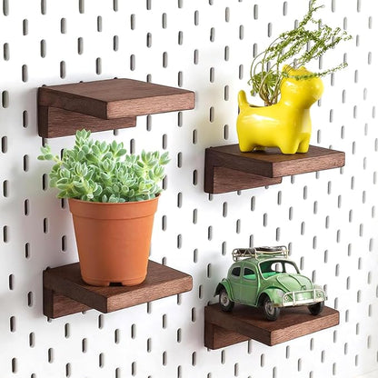 4-Pack Small Pegboard Shelves Compatible with IKEA Skadis Pegboard - 4''x4'' Walnut Wood Finish, Ready-to-Hang Display Shelves