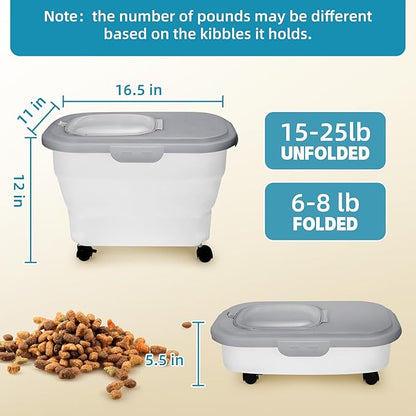 Pet Food Container, Collapsible Dog Food Storage Container with Detachable Casters & Airtight Lid for Keeping Dry Kibbles, With Dog Food Scoop and Measuaring Cups