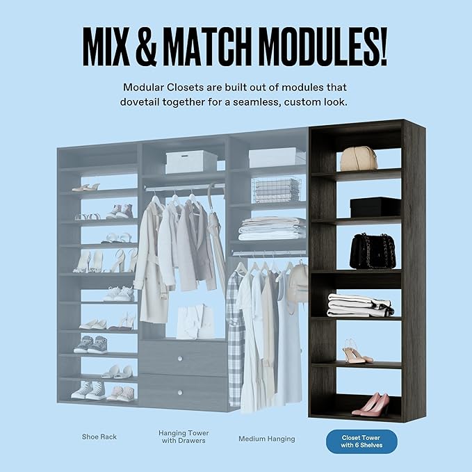 Modular Closets Vista Collection Shelf Tower Built in Wood Closet Organizer Unit (Grey, 25.5" Wide)