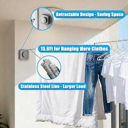 Retractable Clothesline, Non-Sagging Wall Mounted Laundry Line, Space-Saving Stainless Steel Clothes Line, Heavy Duty Drying Rack 15.6 Ft for Apartment, Dorms, RV & Travel (Gray)