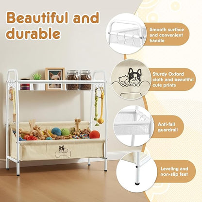 Zonon Large 2 Tier Dog Toy Organizer Basket Metal Pet Storage Bin with Collar Leash Holder Hook,Trapezoid Pet Toy Box for Food, Snacks & Accessories, Holder Chest for Dog & Cat Essential Supplies