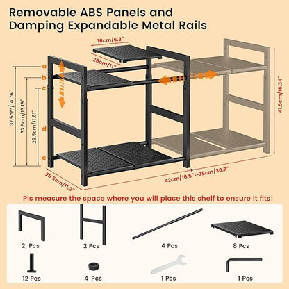 Under Sink Organizer and Storage 16.5"-30.7" Expandable Length, Adjustable Height Max 16.7" Under Sink Shelf 2 Tier with Removable ABS Panels Metal Frame for Bathroom Kitchen Pantry Cabitnet Pot Pan