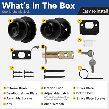 Matte Black Door Knobs with Lock and Key，Exterior and Interior Door Lock for Bedroom, Entry Door Handle for Front Door