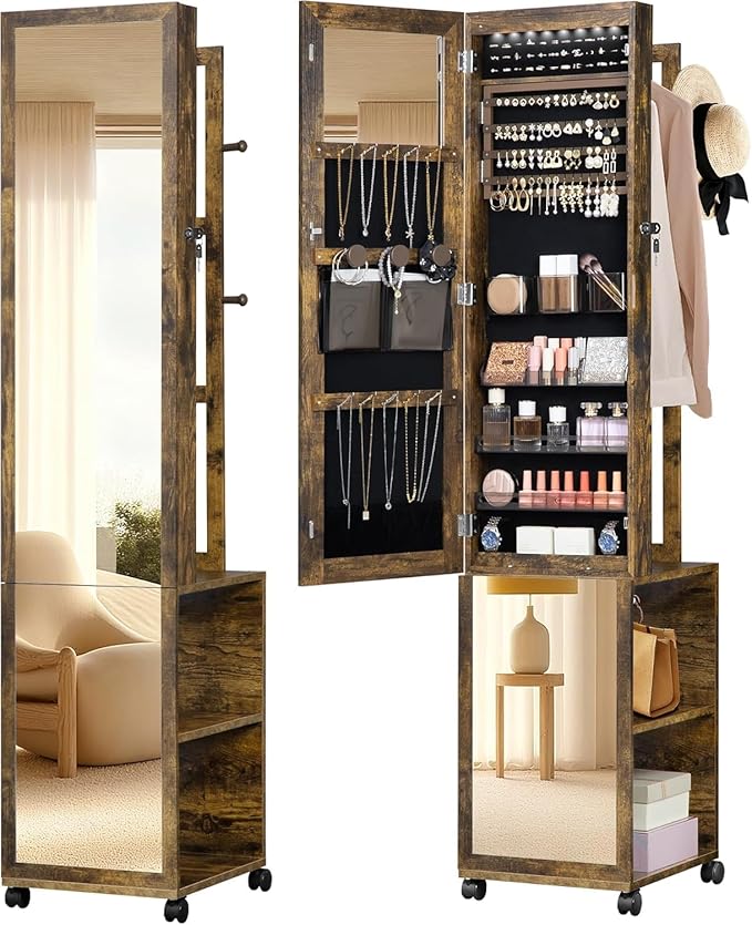 8 LEDs Jewelry Cabinet Armoire, 66.9-inch Jewelry Organizer with Garment Rack, Lockable Full-length Mirror with 4 Wheels, Storage Shelves with Hooks, 5-in-1, Toasted Oak JC17007B