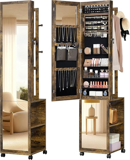 8 LEDs Jewelry Cabinet Armoire, 66.9-inch Jewelry Organizer with Garment Rack, Lockable Full-length Mirror with 4 Wheels, Storage Shelves with Hooks, 5-in-1, Toasted Oak JC17007B