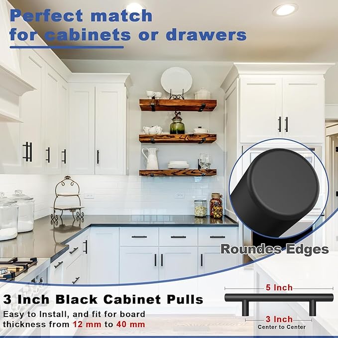 Estmoon 30 Pack Cabinet Handles Matte Black Cabinet Pulls with 3 Inch Hole Center, Stainless Steel Kitchen Cabinet Handles Black Kitchen Handles for Cabinets and Drawers, 76mm Hole Centers