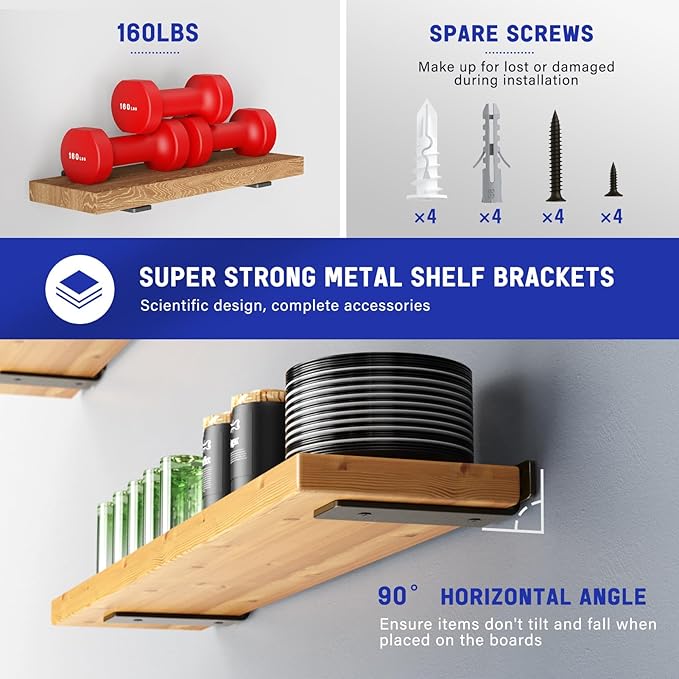 Goovilla Shelf Bracket, Heavy Duty Floating Shelf Brackets 6 inch Long, 12 Pack Brackets for Shelves, Black Coated Metal Wall Shelf Support Brackets with 1/5 Inch Thick and 160 lb. Load Capacity