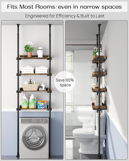 ALLZONE Bathroom Organizer, Over The Toilet Storage, 4-Tier Adjustable Wood Shelves for Small Rooms, Saver Space Rack, 92 to 116 Inch Tall, Narrow Cabinet, Rustic Brown