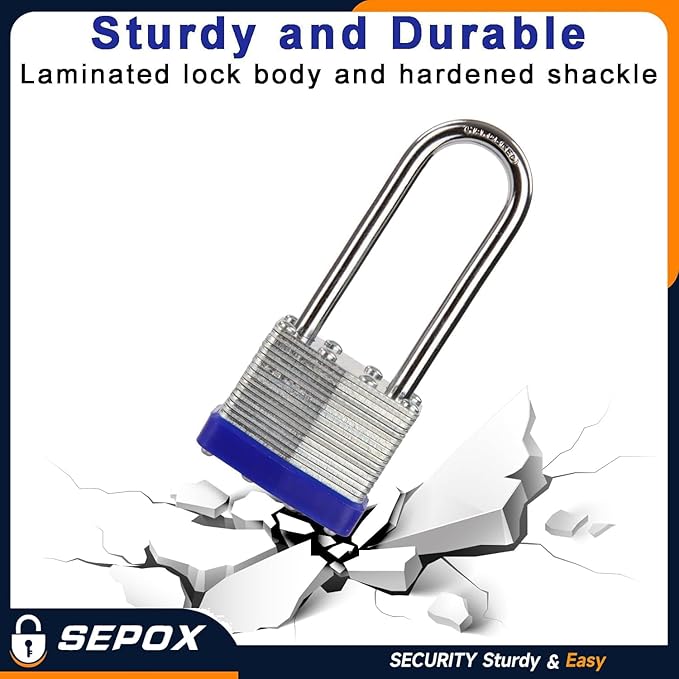 SEPOX® 12Pcs Set Keyed-Alike Laminated Steel Padlocks with Same-Key, 2-3/8" Extra Long-Shackle, 1-9/16" 40MM Heavy-Duty Padlock Body, Locks with 28Pcs Key with Big Handle for Lockers-Lock, Fence