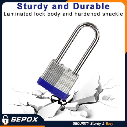 SEPOX® 12Pcs Set Keyed-Alike Laminated Steel Padlocks with Same-Key, 2-3/8" Extra Long-Shackle, 1-9/16" 40MM Heavy-Duty Padlock Body, Locks with 28Pcs Key with Big Handle for Lockers-Lock, Fence