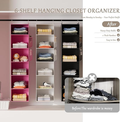 VERONLY Hanging Closet Organizer and Storage with Bamboo Support, 6-Shelf Closet Hanging Storage Shelves, Closet Organizers Easy Mount Foldable for Bedroom