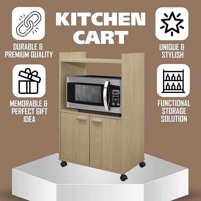 Kings Brand Furniture Ayla Microwave Cabinet with Storage and Upper Shelf for Kitchen Appliances - 2 Door Cabinet Kitchen Storage Cart - Wood Kitchen Cart with Lockable Castors Wheels - Beech