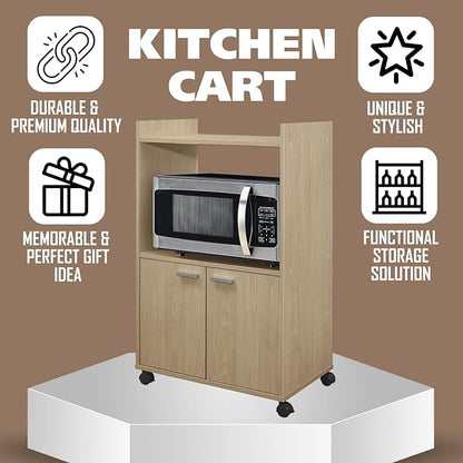 Kings Brand Furniture Ayla Microwave Cabinet with Storage and Upper Shelf for Kitchen Appliances - 2 Door Cabinet Kitchen Storage Cart - Wood Kitchen Cart with Lockable Castors Wheels - Beech