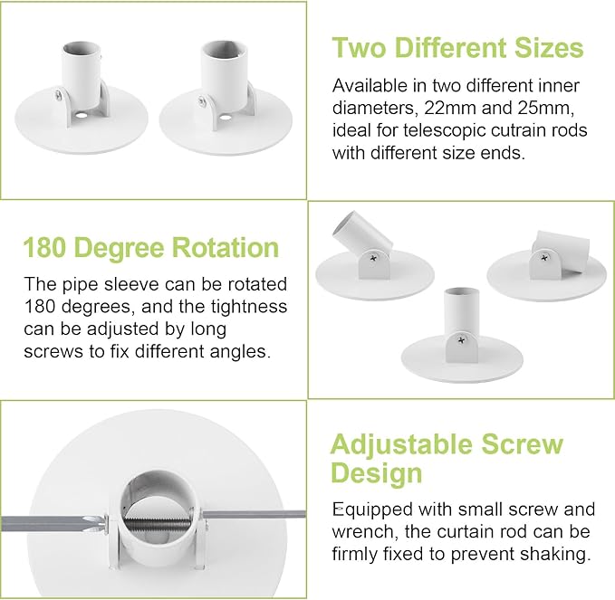 Adjustable Shower Curtain Rod Bracket, 2Pcs Different Sizes Titanium Steel Single Swivel Flange Heavy Duty Closet Rod Holder with Screws (White, Inner Dia. 22mm & 26mm)
