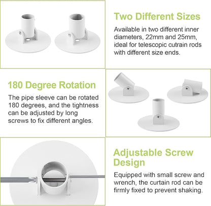 Adjustable Shower Curtain Rod Bracket, 2Pcs Different Sizes Titanium Steel Single Swivel Flange Heavy Duty Closet Rod Holder with Screws (White, Inner Dia. 22mm & 26mm)
