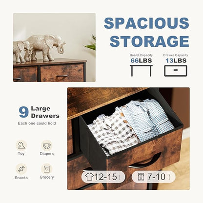 DUMOS Dresser for Bedroom, Storage Organizer with 9 Drawers, Chest of Drawers with Fabric Bins, Sturdy Metal Frame, Wood Tabletop for Guest Room, Closet, Entryway, Brown
